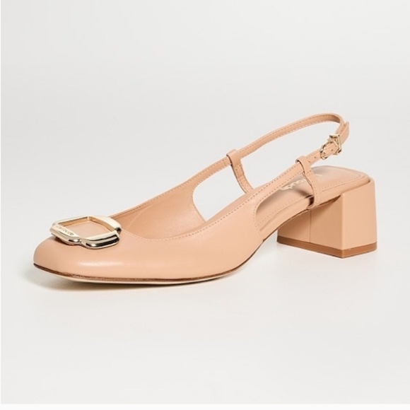 Larroude Shoes - Larroude Slingback Block Heel Nude Leather Pumps Maria Tan Sz 7